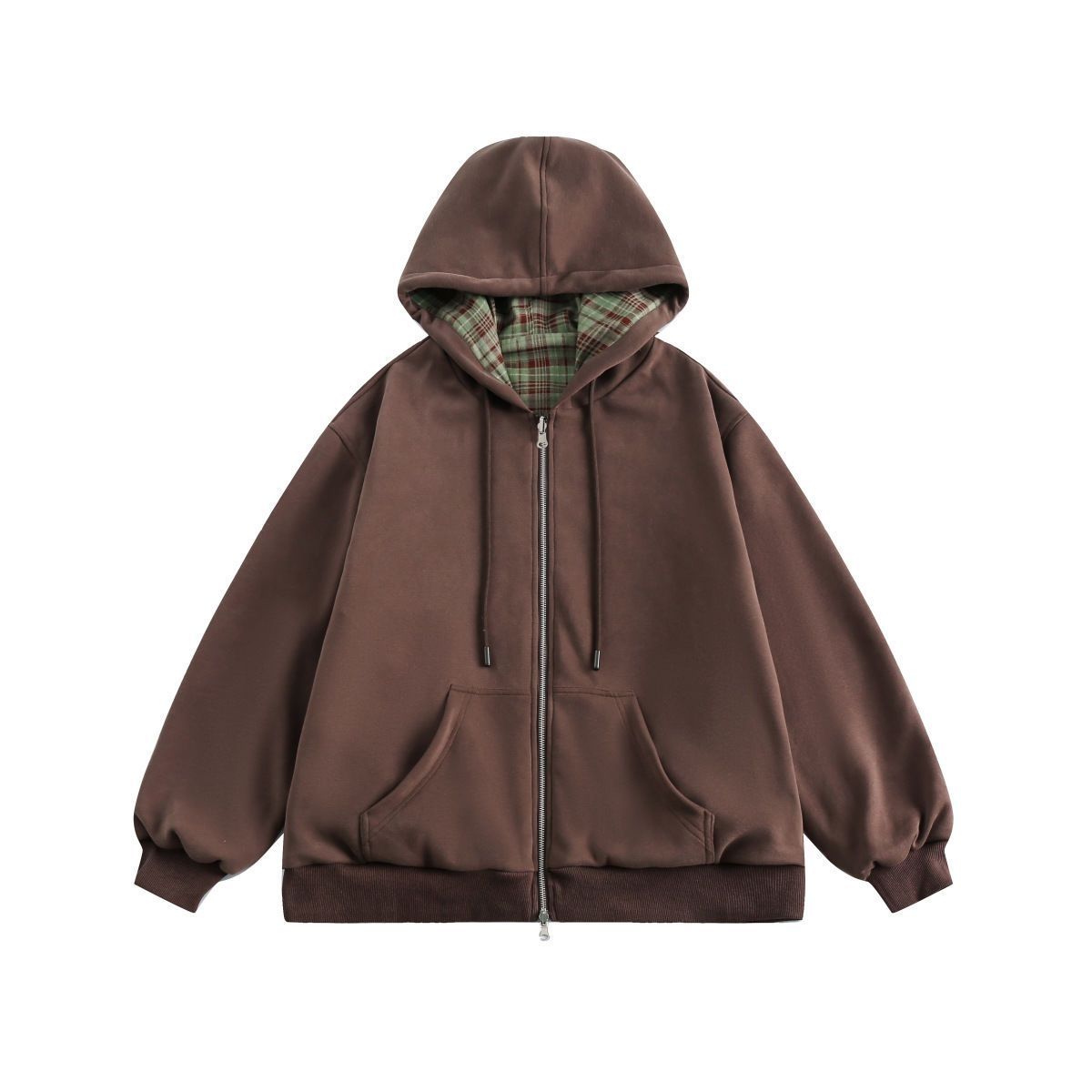 Vintage Zip Hoodie - American Retro Brown Checkered Hooded Sweatshirt