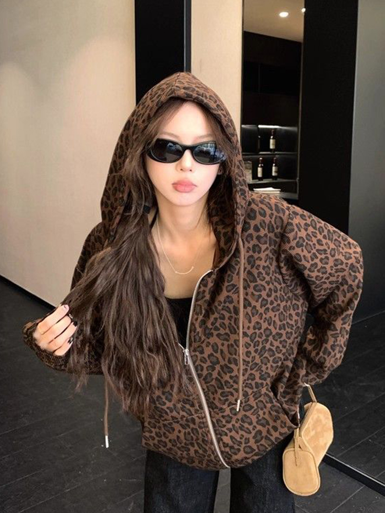 Vintage Zip Hoodie - Women Y2K Leopard Hoodies Streetwear Loose